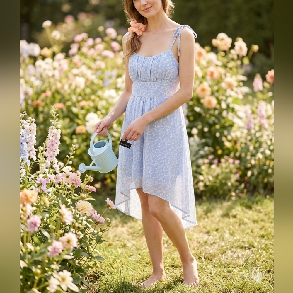 🦋AS U WISH Pastel Blue Floral High-Low Babydoll Dress NEW Sz S Cottsgecore Boho